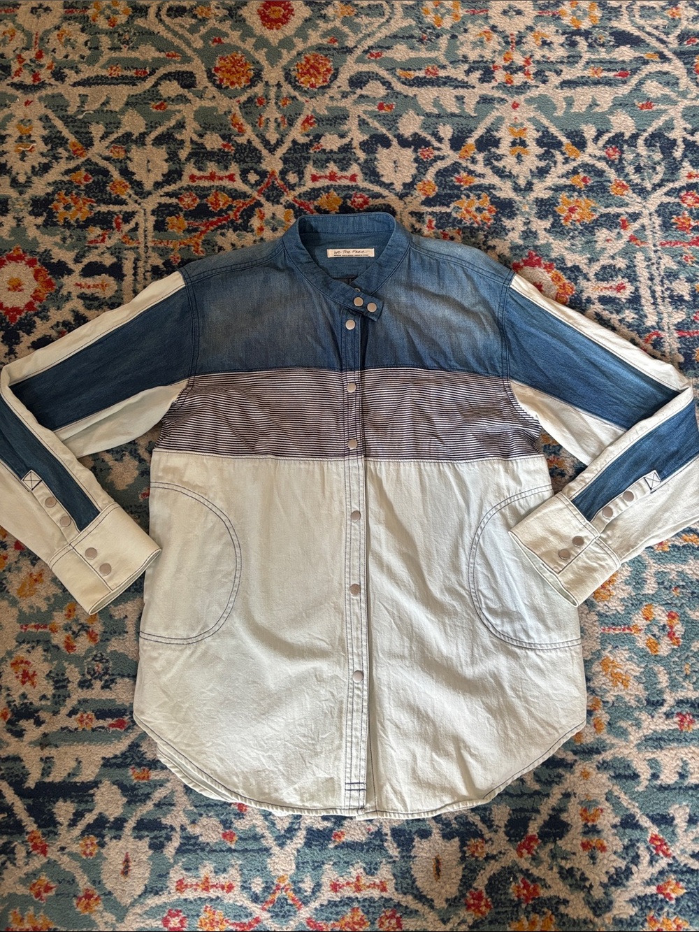 Free People Colorblock Denim and Stripe Mixed Fabric Button-Up Shirt